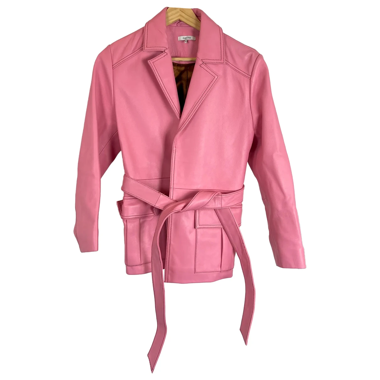 Pre-owned Ganni Leather Biker Jacket In Pink