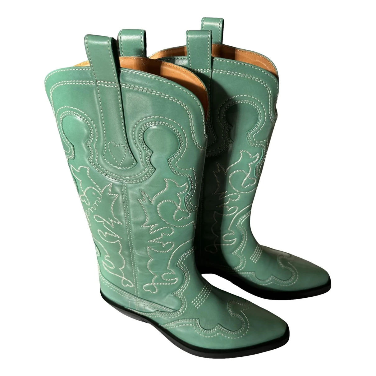 Pre-owned Ganni Leather Western Boots In Green
