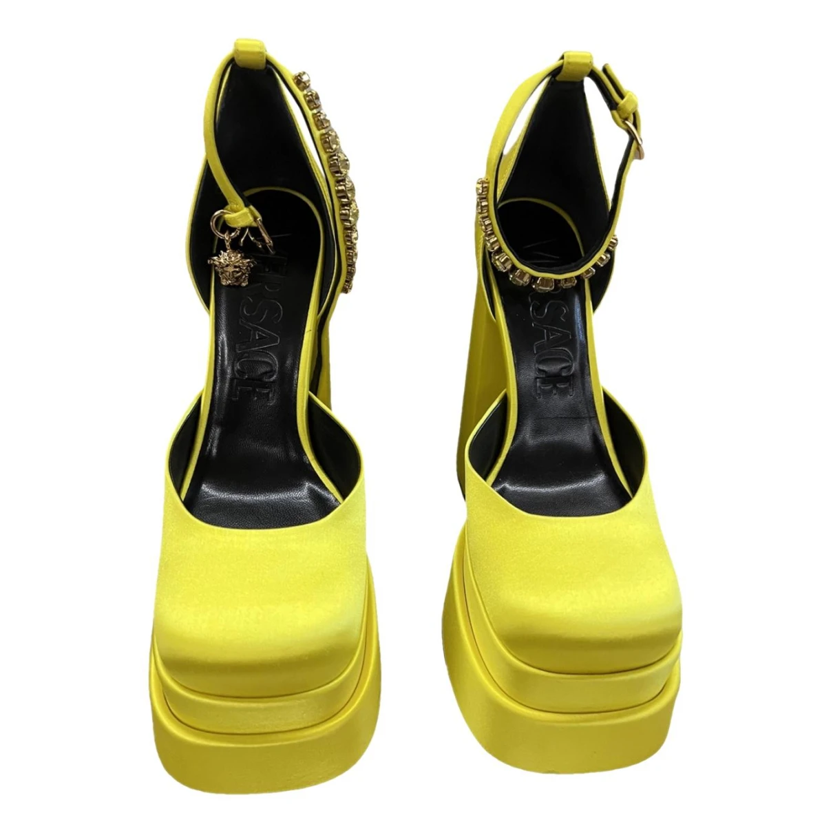 Pre-owned Versace Medusa Aevitas Cloth Heels In Yellow