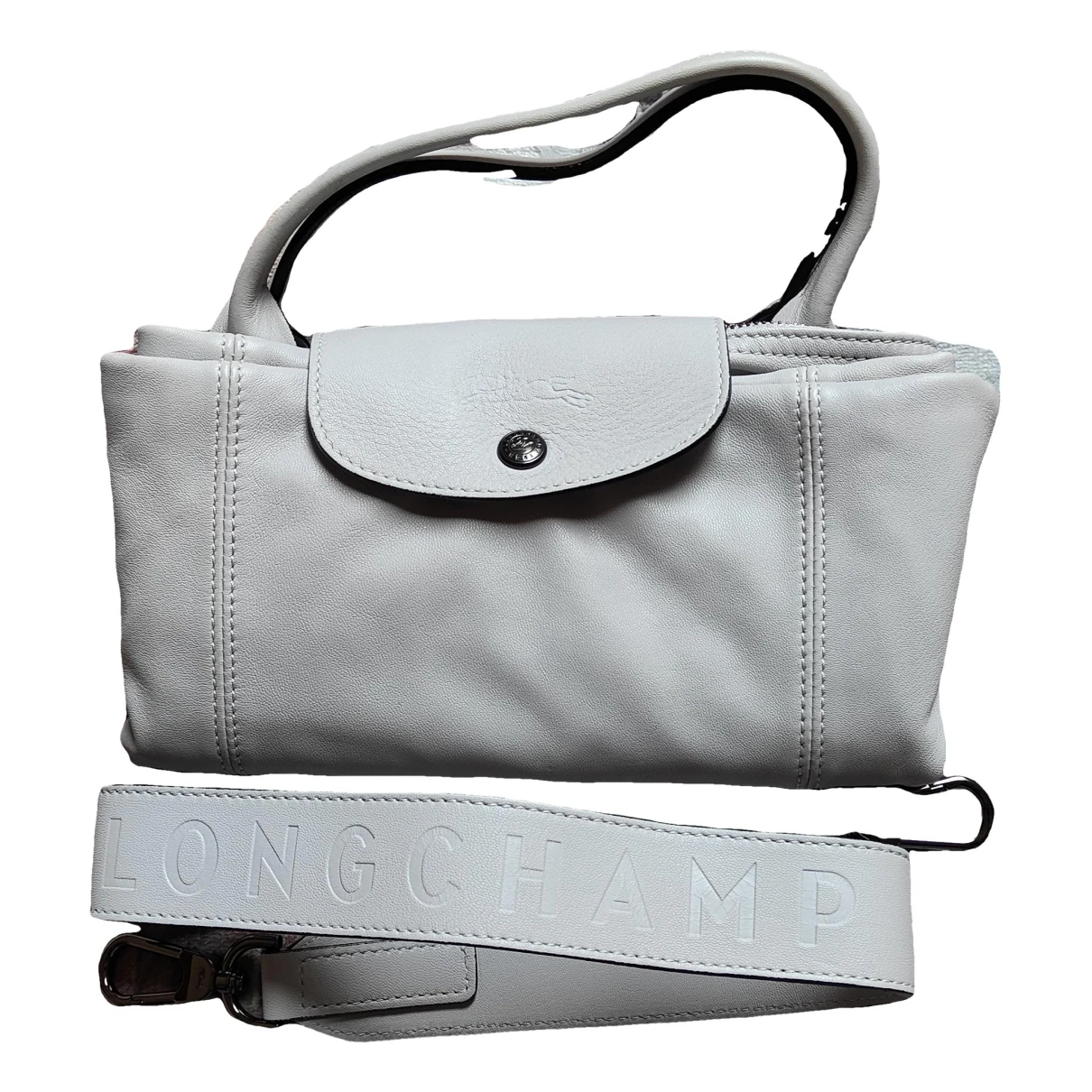 Pre-owned Longchamp Pliage Leather Crossbody Bag In Grey