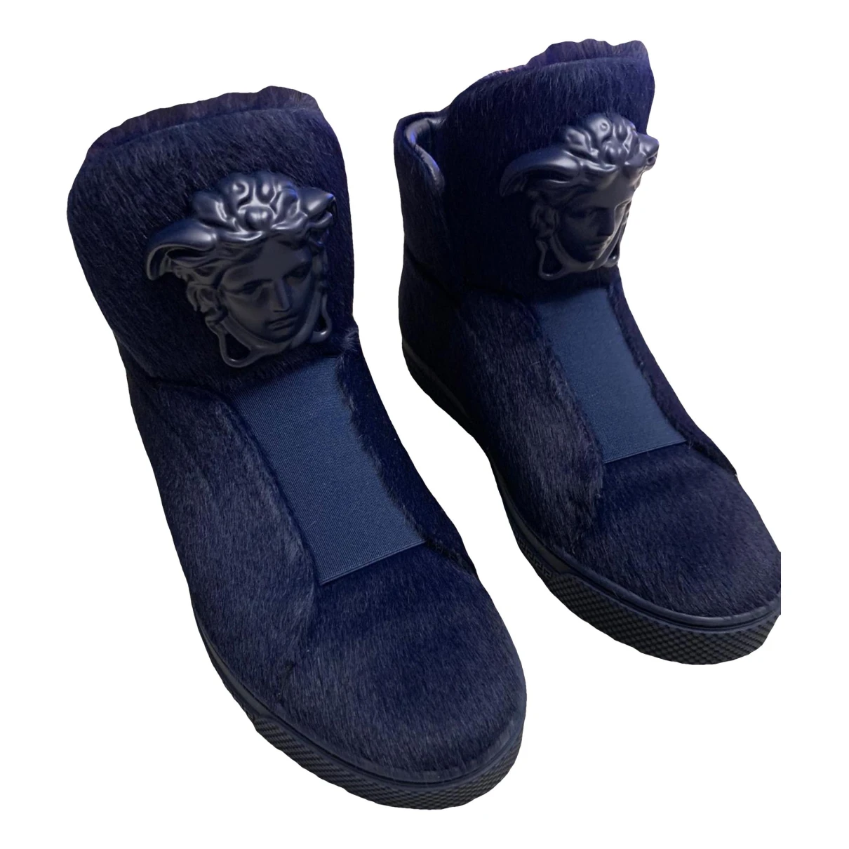 Pre-owned Versace Faux Fur Boots In Navy