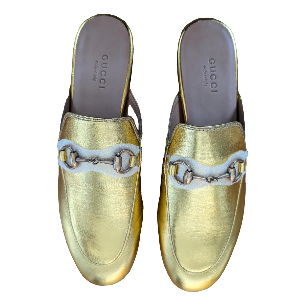 Pre-owned Gucci Jordaan Leather Flats In Gold