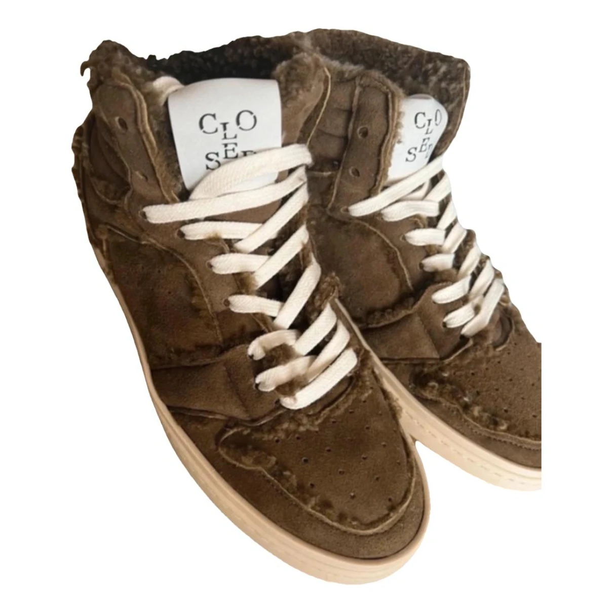 Pre-owned Closed Leather Trainers In Khaki