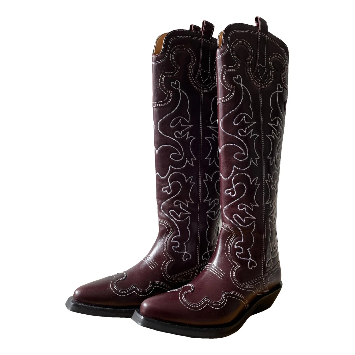 Pre-owned Ganni Leather Cowboy Boots In Burgundy