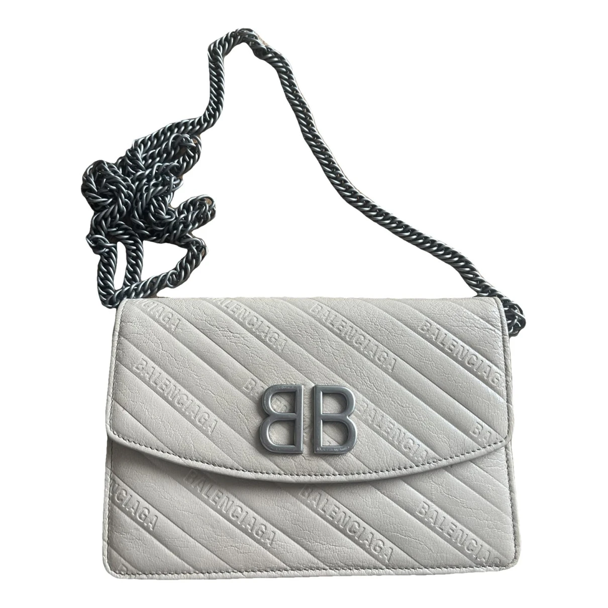 Pre-owned Balenciaga Bb Chain Leather Clutch Bag In Beige