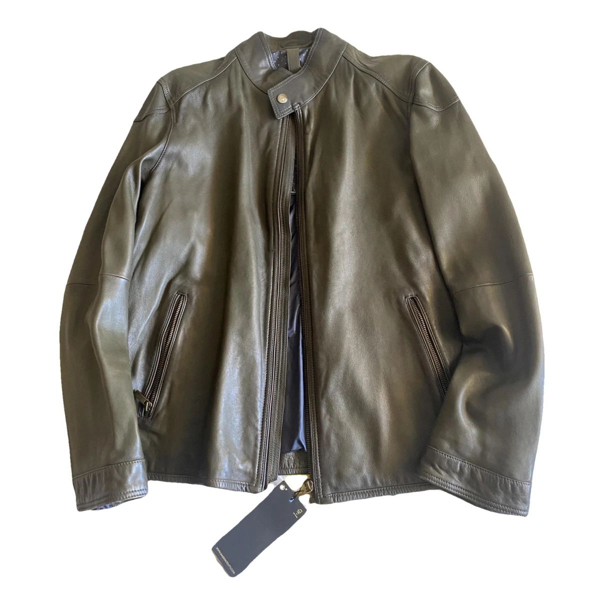 Pre-owned Massimo Dutti Leather Jacket In Khaki