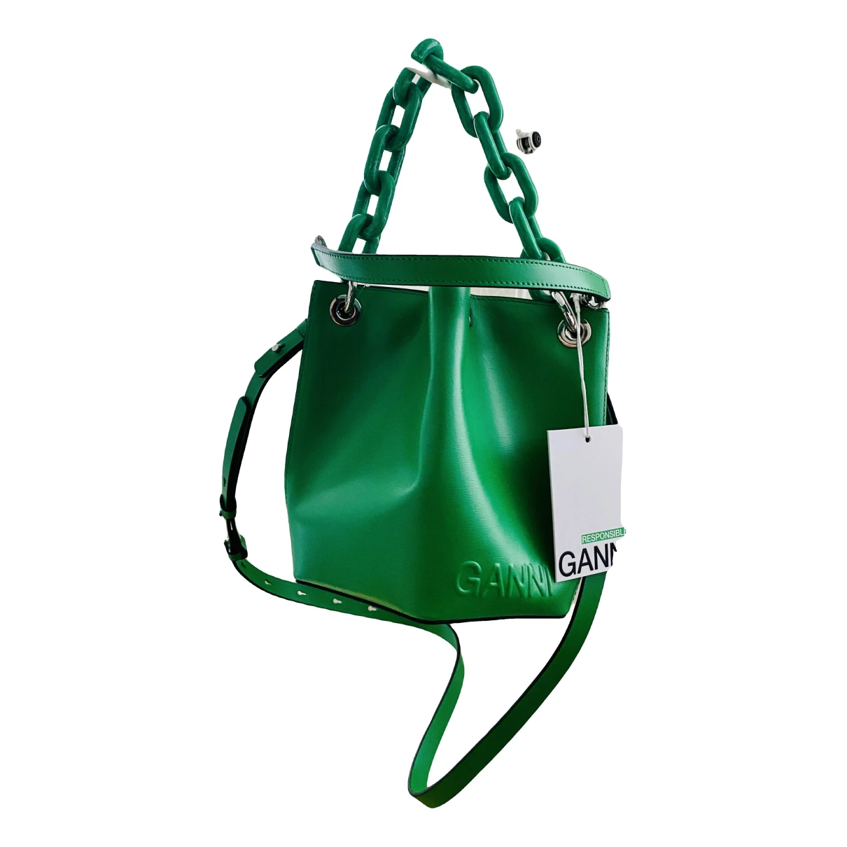 Pre-owned Ganni Leather Handbag In Green