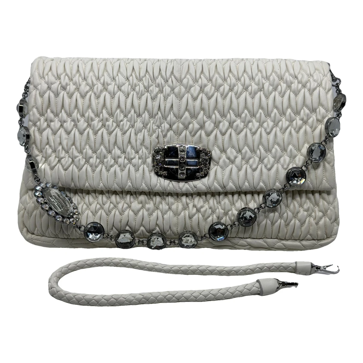Pre-owned Miu Miu Miu Crystal Leather Handbag In White