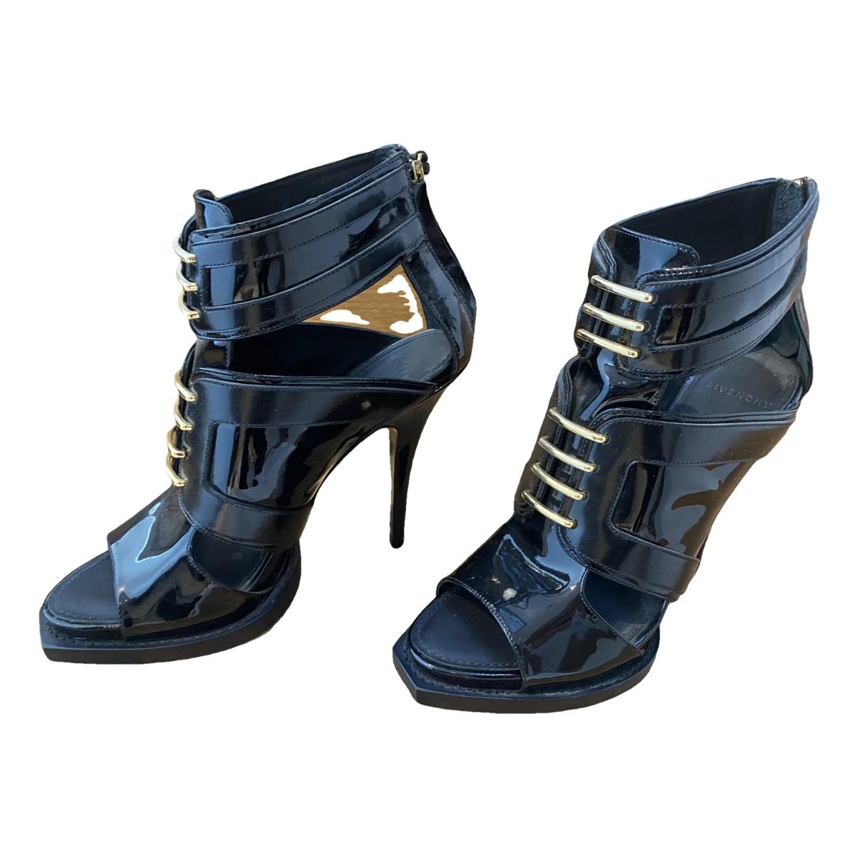 Pre-owned Givenchy Patent Leather Open Toe Boots In Black