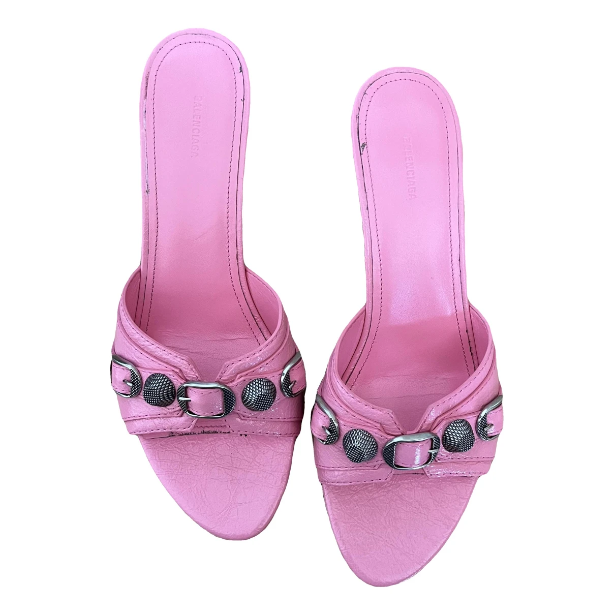 Pre-owned Balenciaga Cagole Leather Mules In Pink