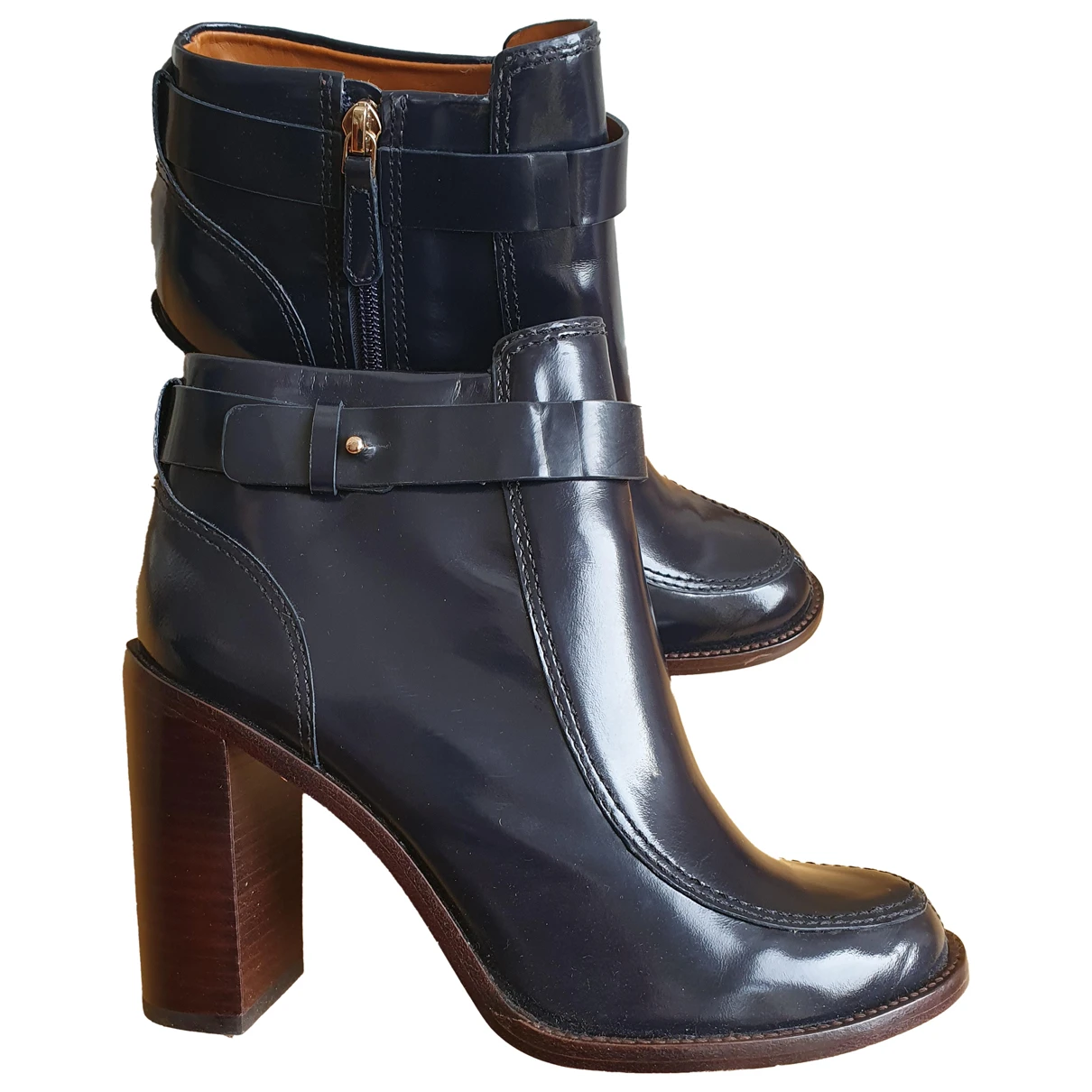 Pre-owned Tory Burch Patent Leather Ankle Boots In Navy