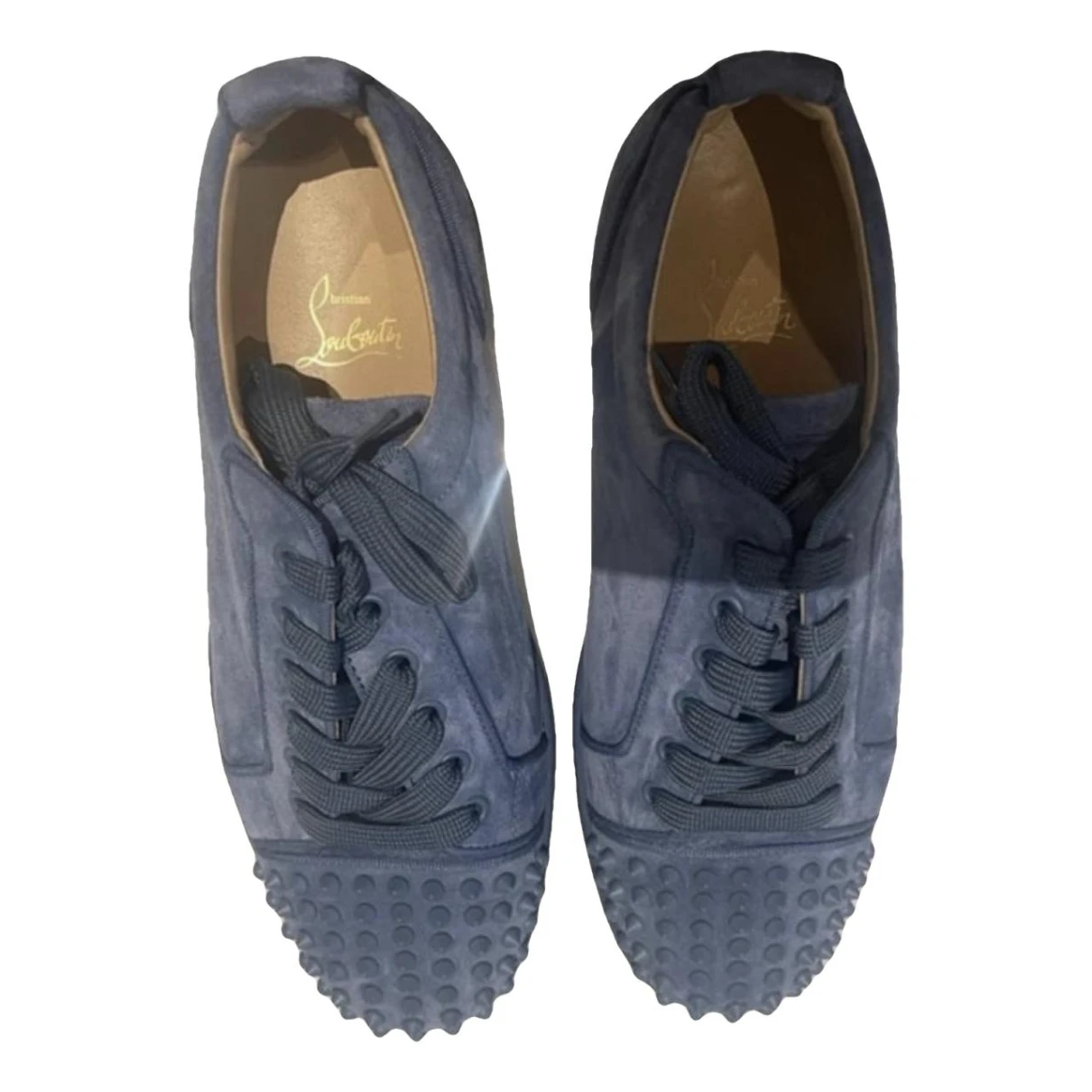 Pre-owned Christian Louboutin Louis Junior Spike Leather Low Trainers In Turquoise