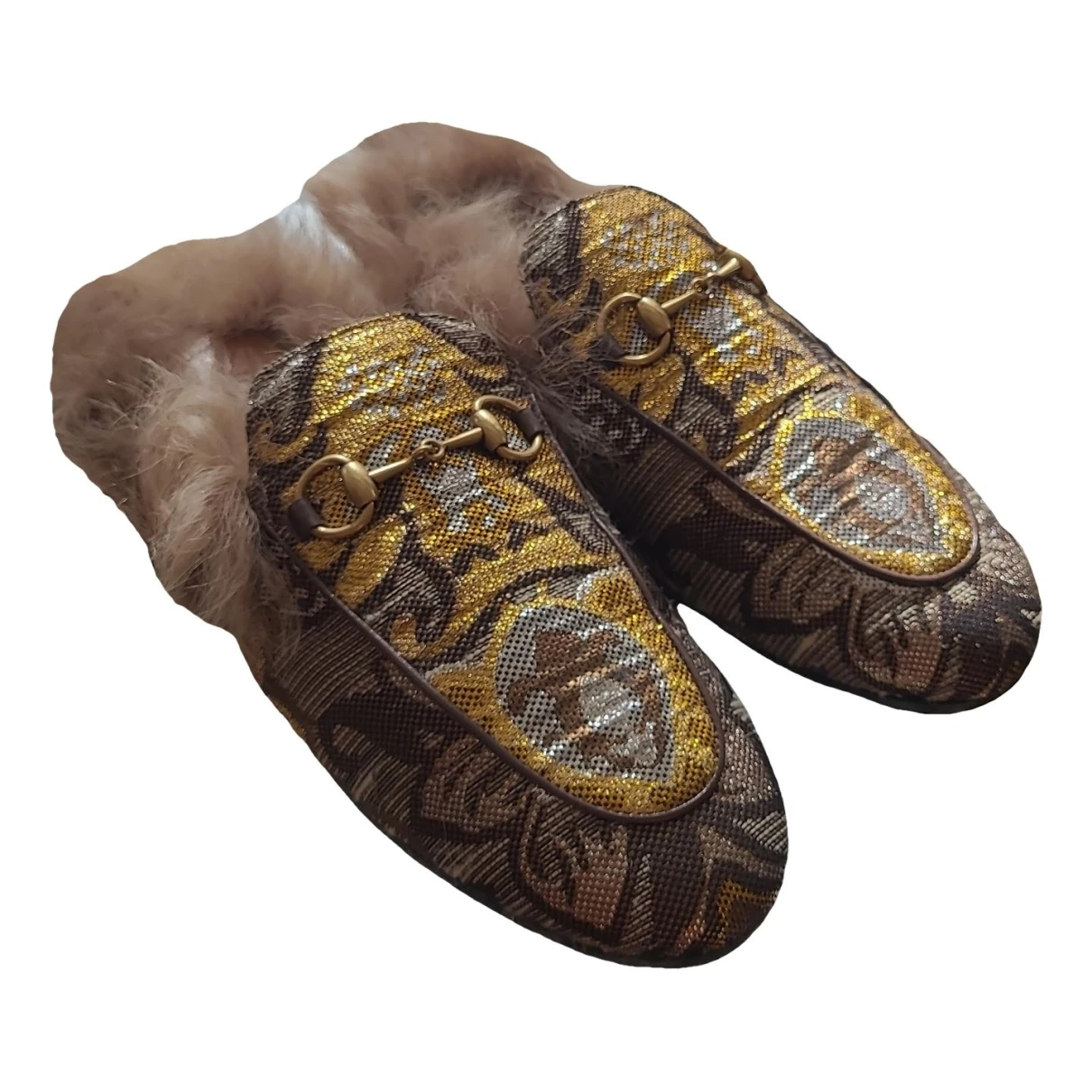 Pre-owned Gucci Cloth Mules & Clogs In Gold