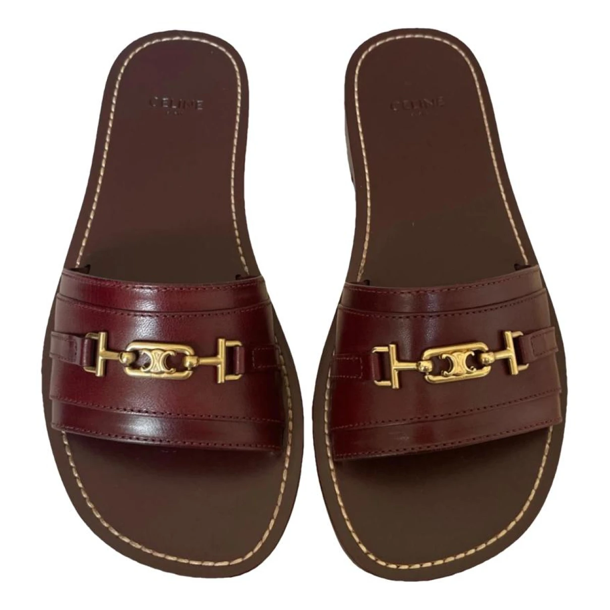 Pre-owned Celine Triomphe Leather Sandal In Burgundy