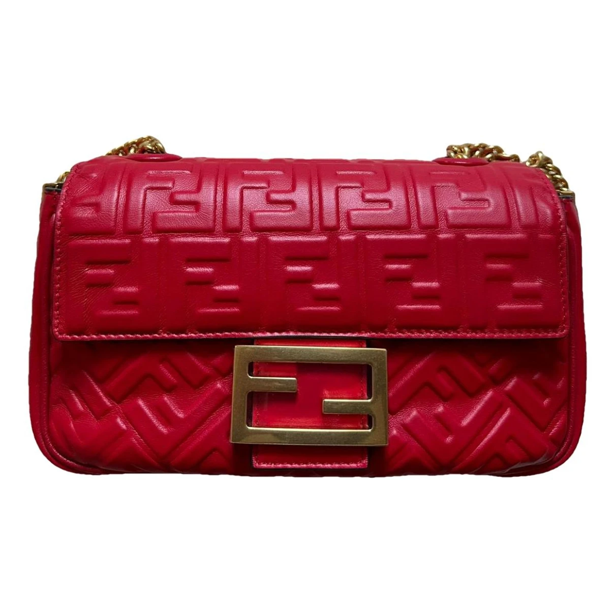 Pre-owned Fendi Baguette Chain Midi Leather Mini Bag In Red