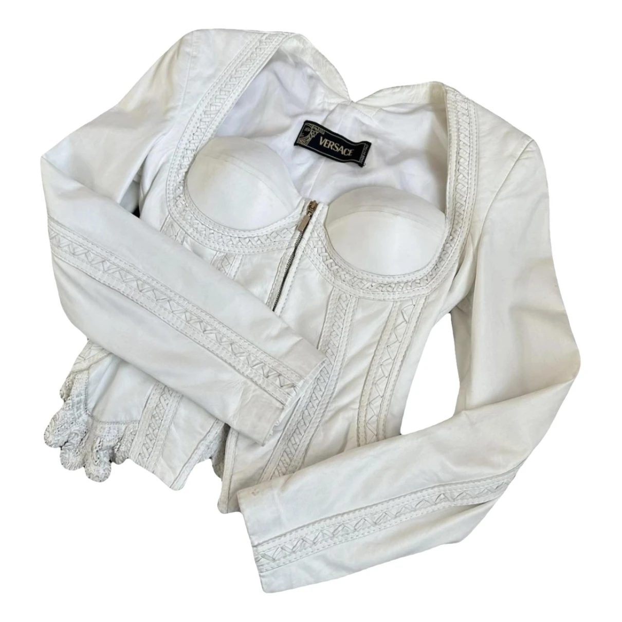 Pre-owned Versace Leather Short Vest In White