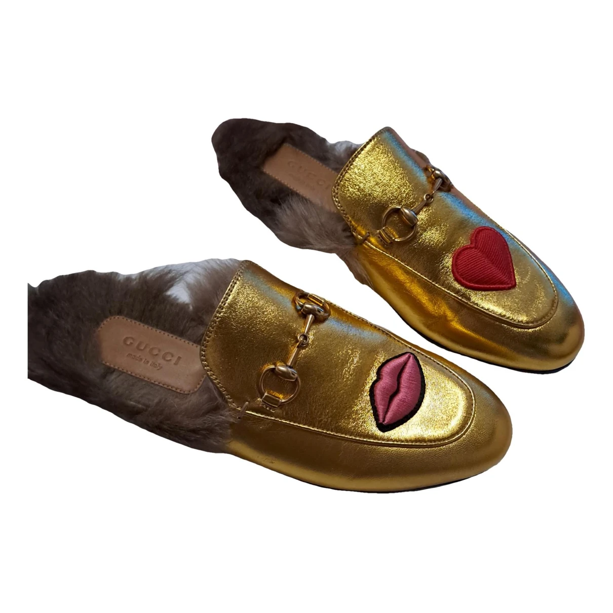Pre-owned Gucci Princetown Leather Flats In Gold