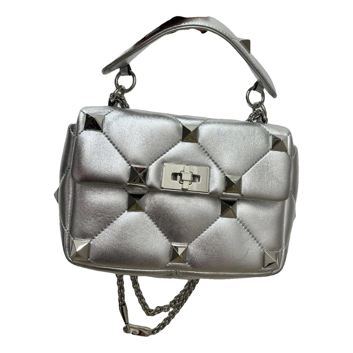Pre-owned Valentino Garavani Roman Stud Leather Crossbody Bag In Silver