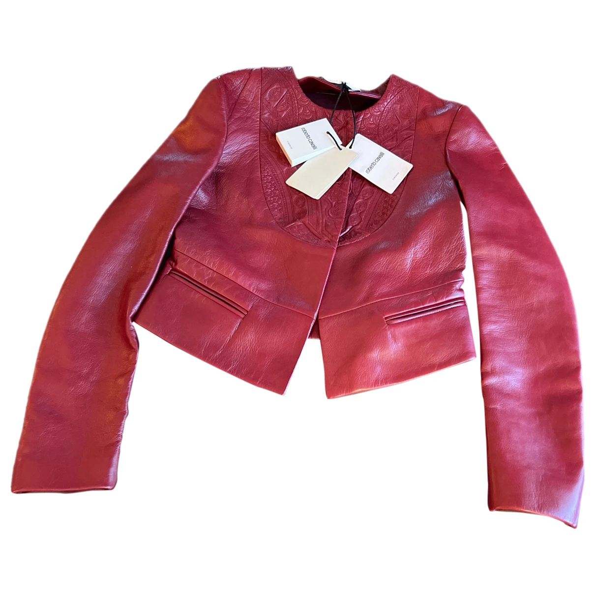 Pre-owned Roberto Cavalli Leather Short Vest In Burgundy
