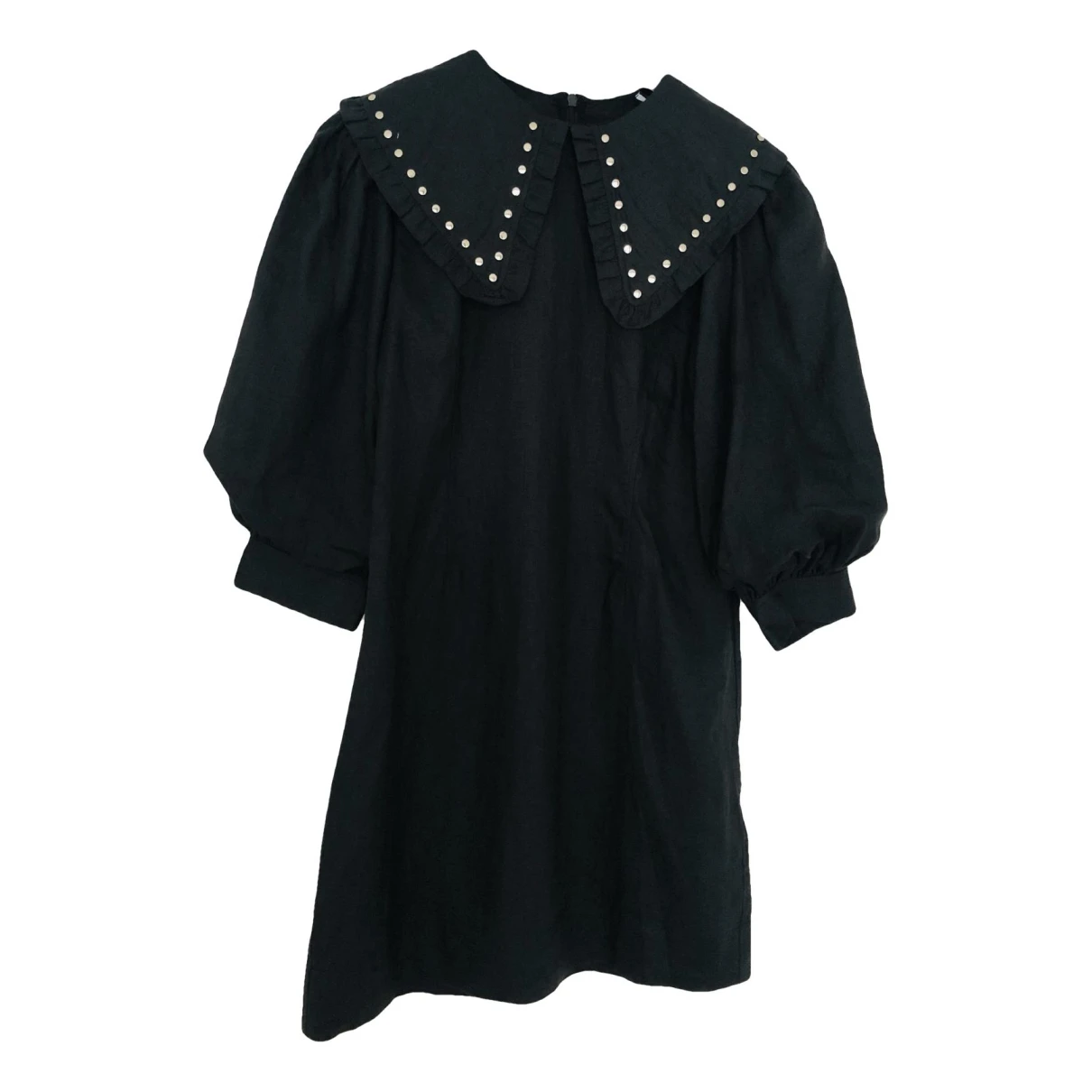 Pre-owned Ganni Linen Mini Dress In Black