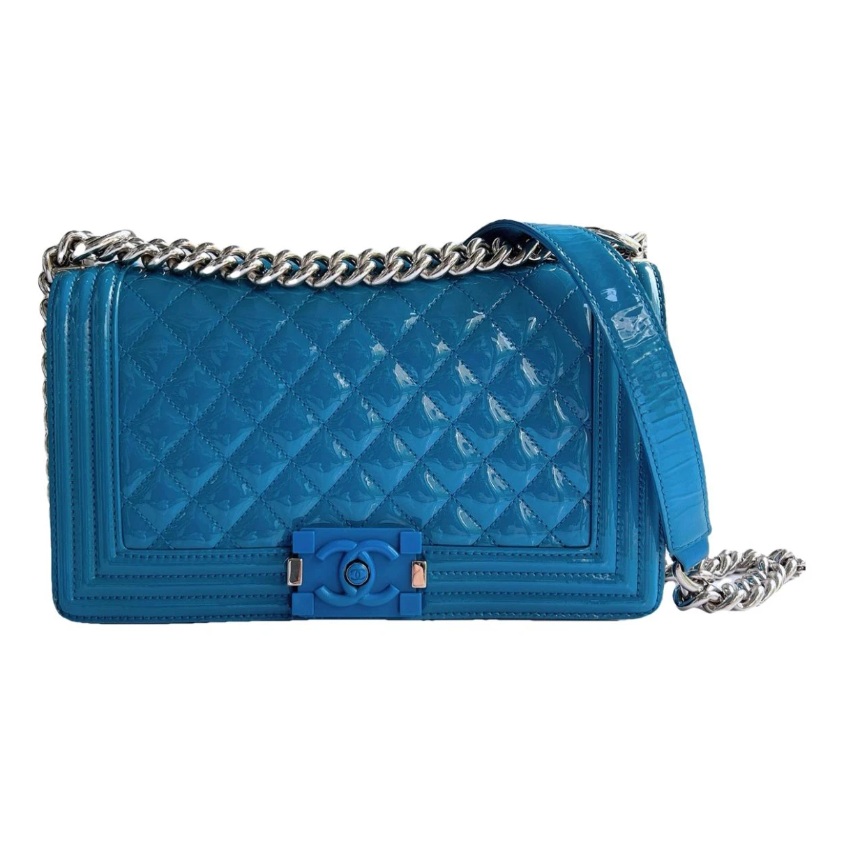 Pre-owned Chanel Boy Patent Leather Crossbody Bag In Blue