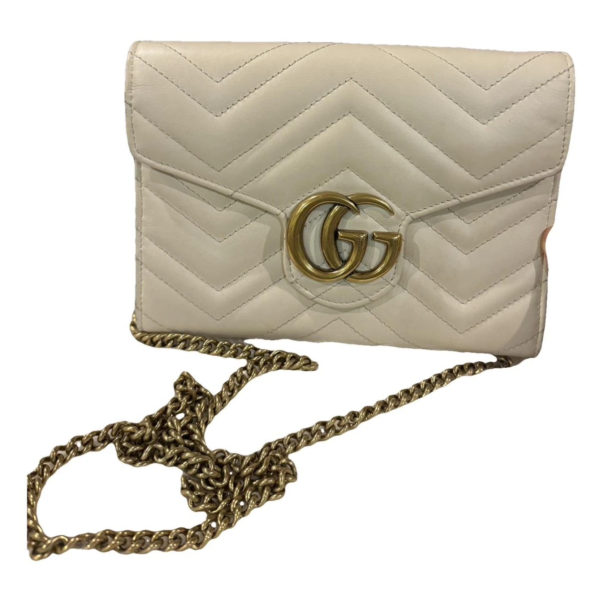 Pre-owned Gucci Gg Marmont Chain Leather Crossbody Bag In White