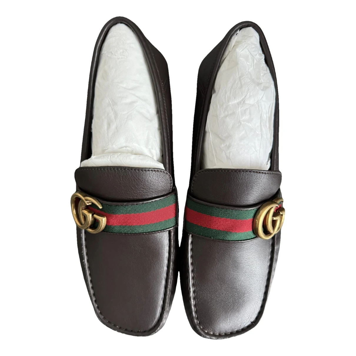 Pre-owned Gucci Marmont Leather Flats In Brown