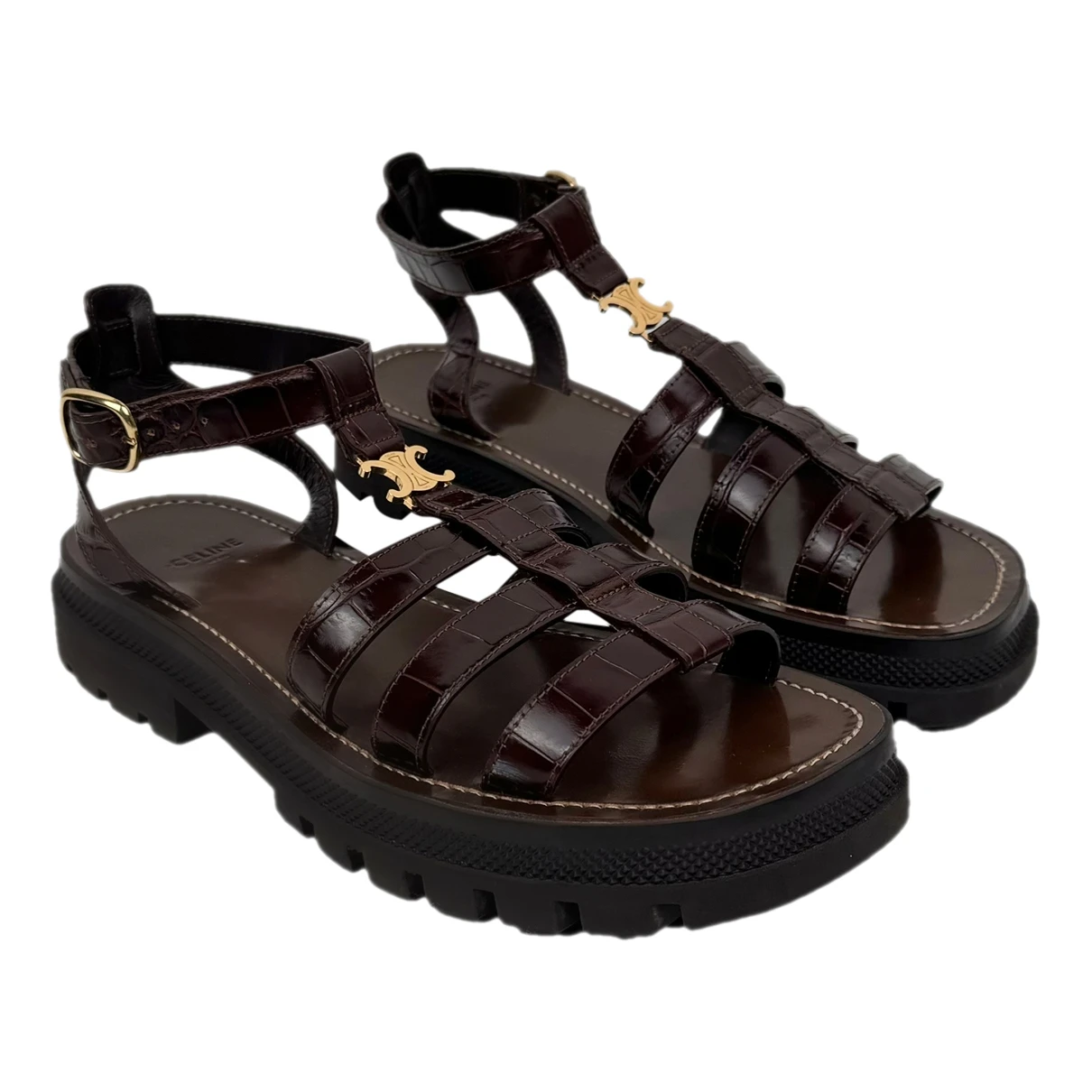 Pre-owned Celine Triomphe Leather Sandal In Brown