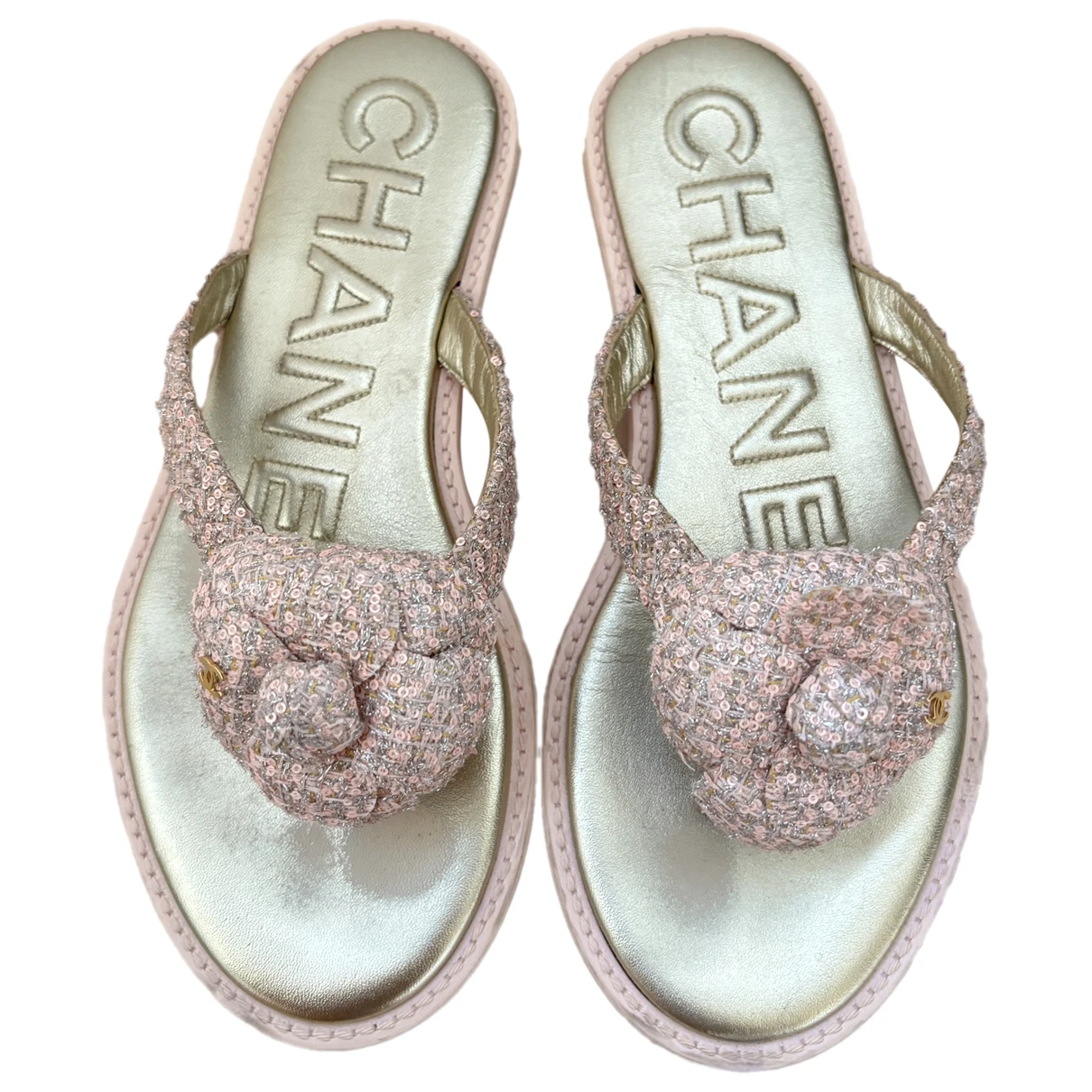 Pre-owned Chanel Tweed Flip Flops In Pink