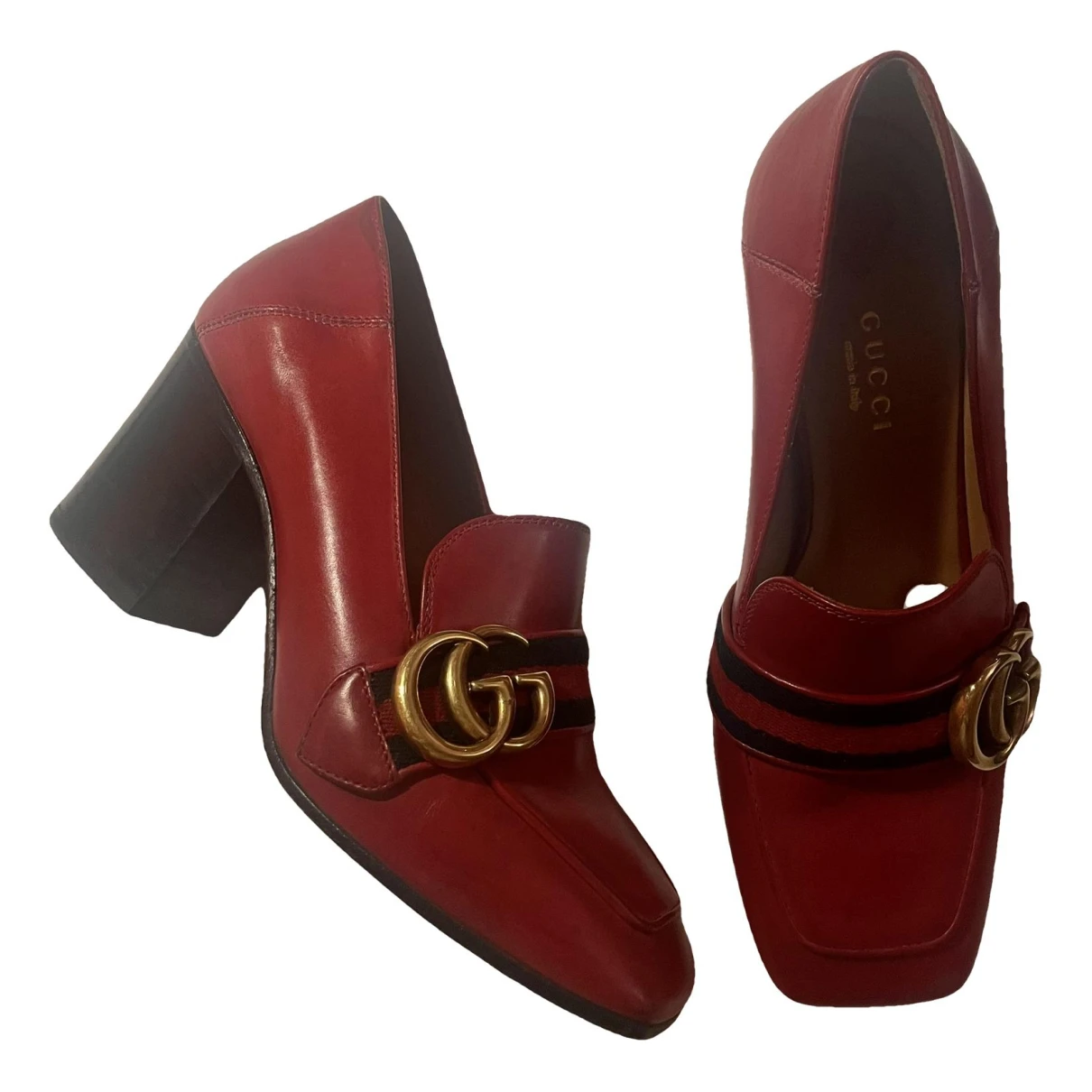 Pre-owned Gucci Peyton Leather Flats In Burgundy