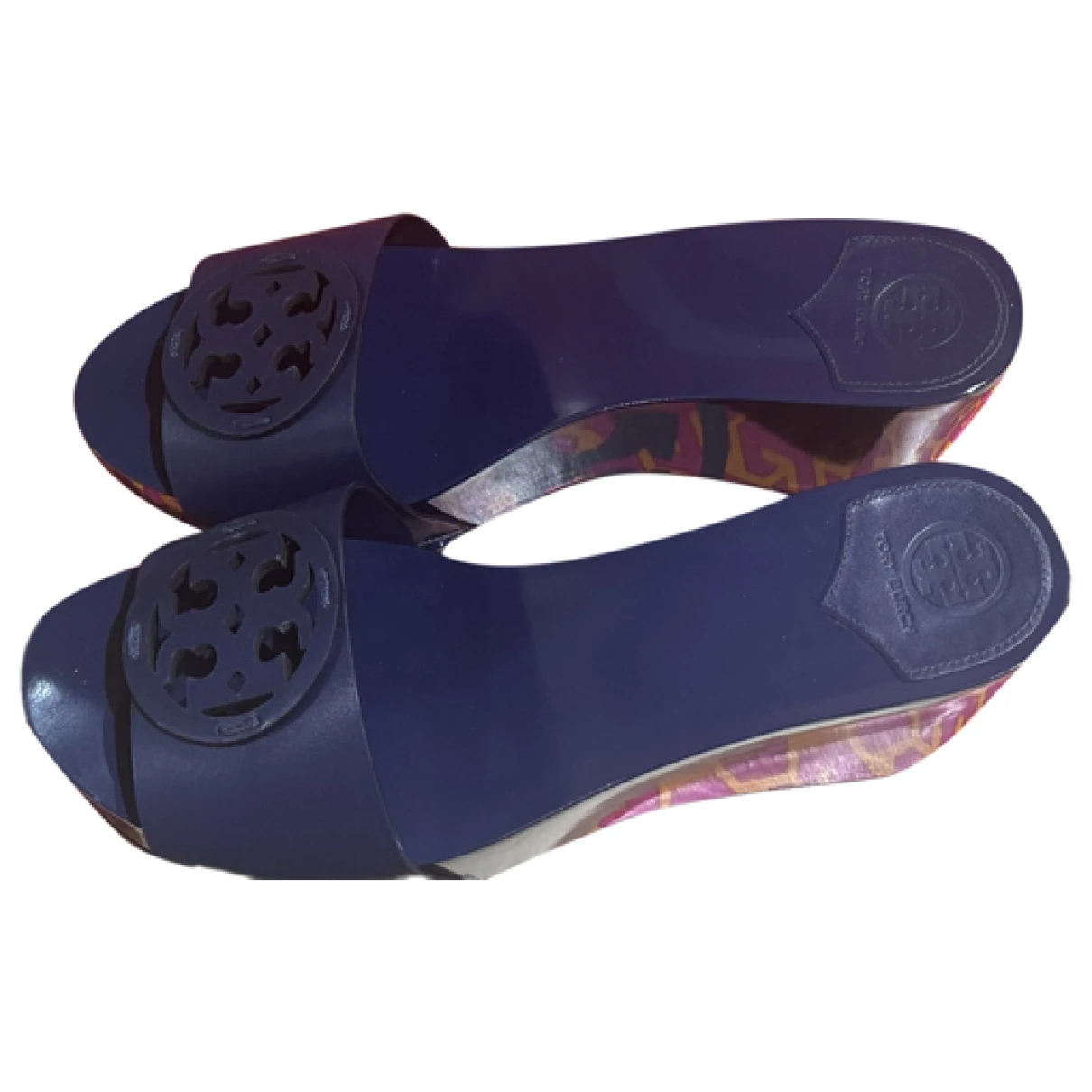 Pre-owned Tory Burch Vegan Leather Mules In Blue