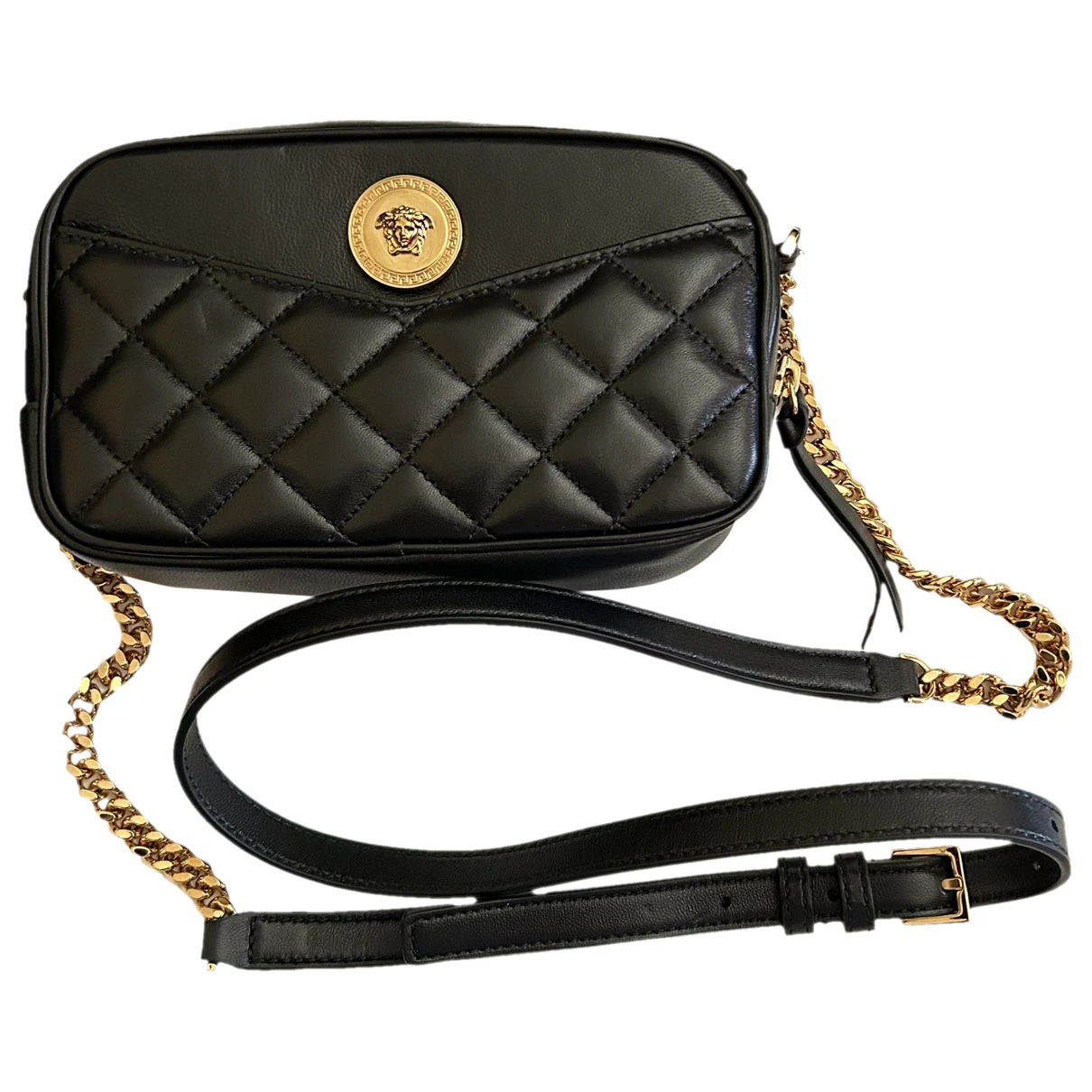 Pre-owned Versace La Medusa Leather Crossbody Bag In Black