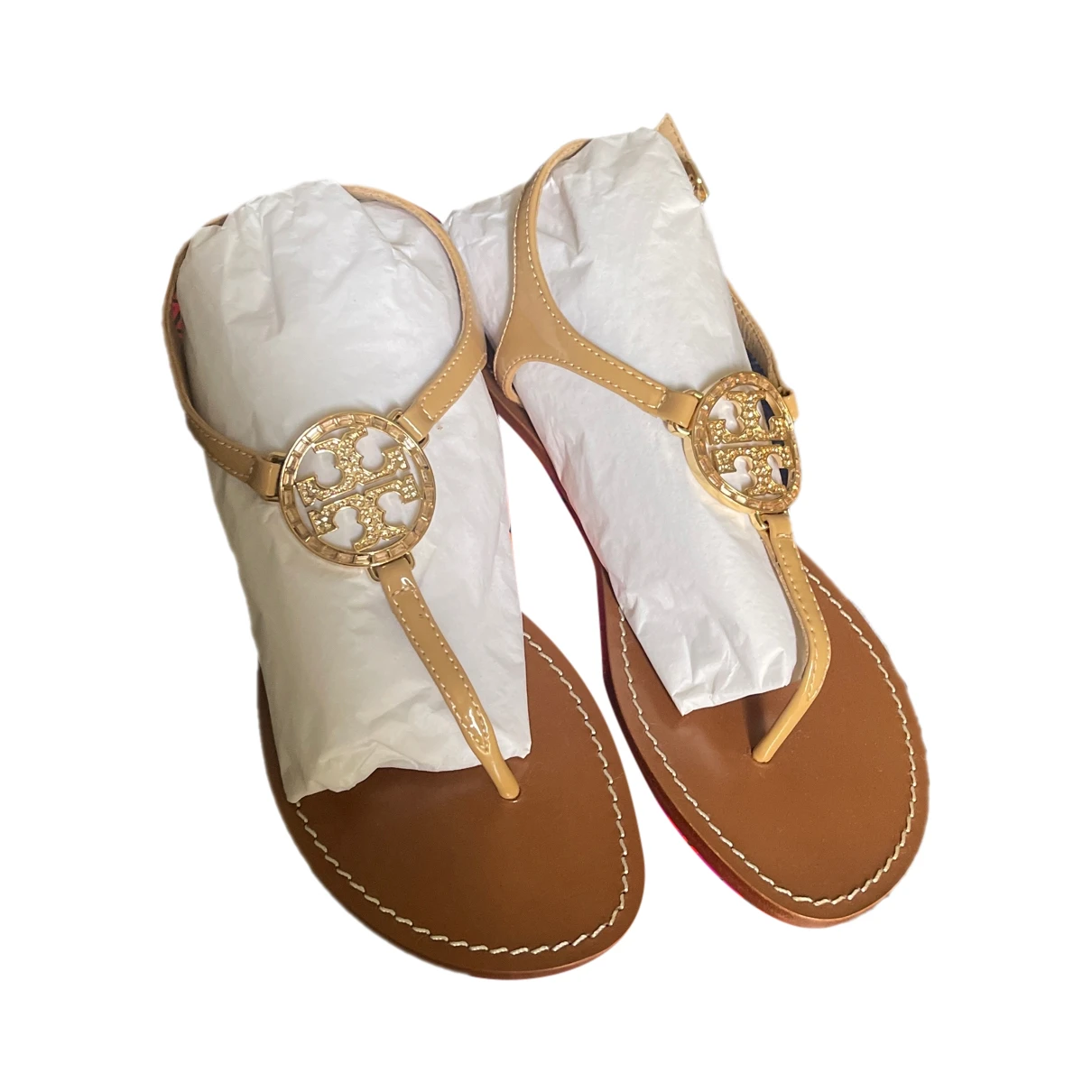 Pre-owned Tory Burch Patent Leather Sandal In Beige