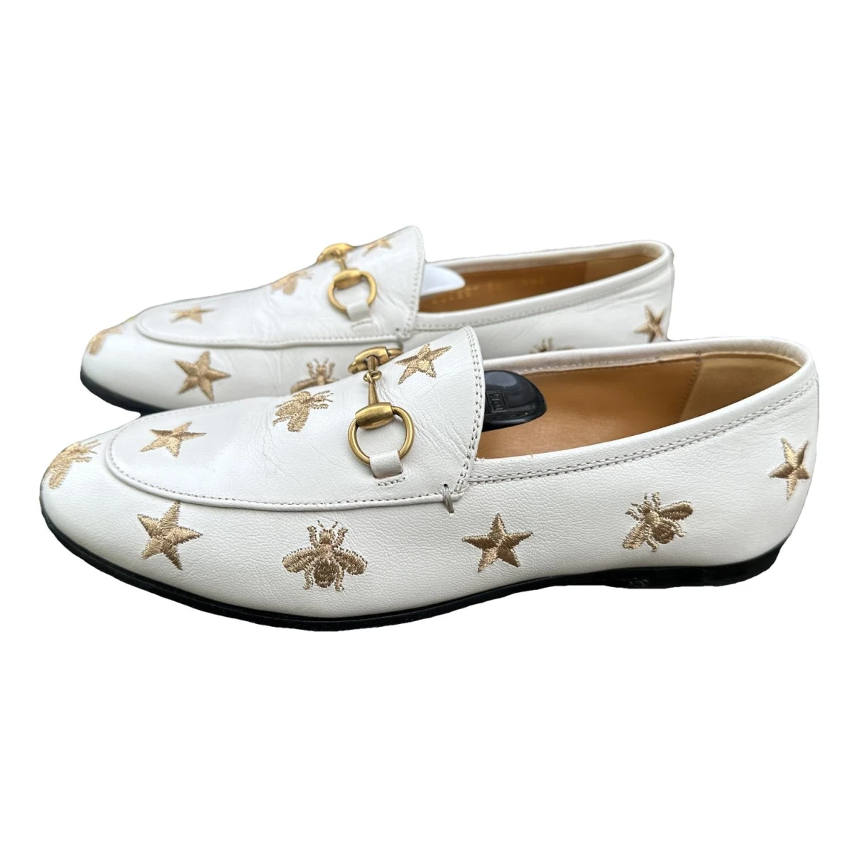 Pre-owned Gucci Jordaan Leather Flats In Beige