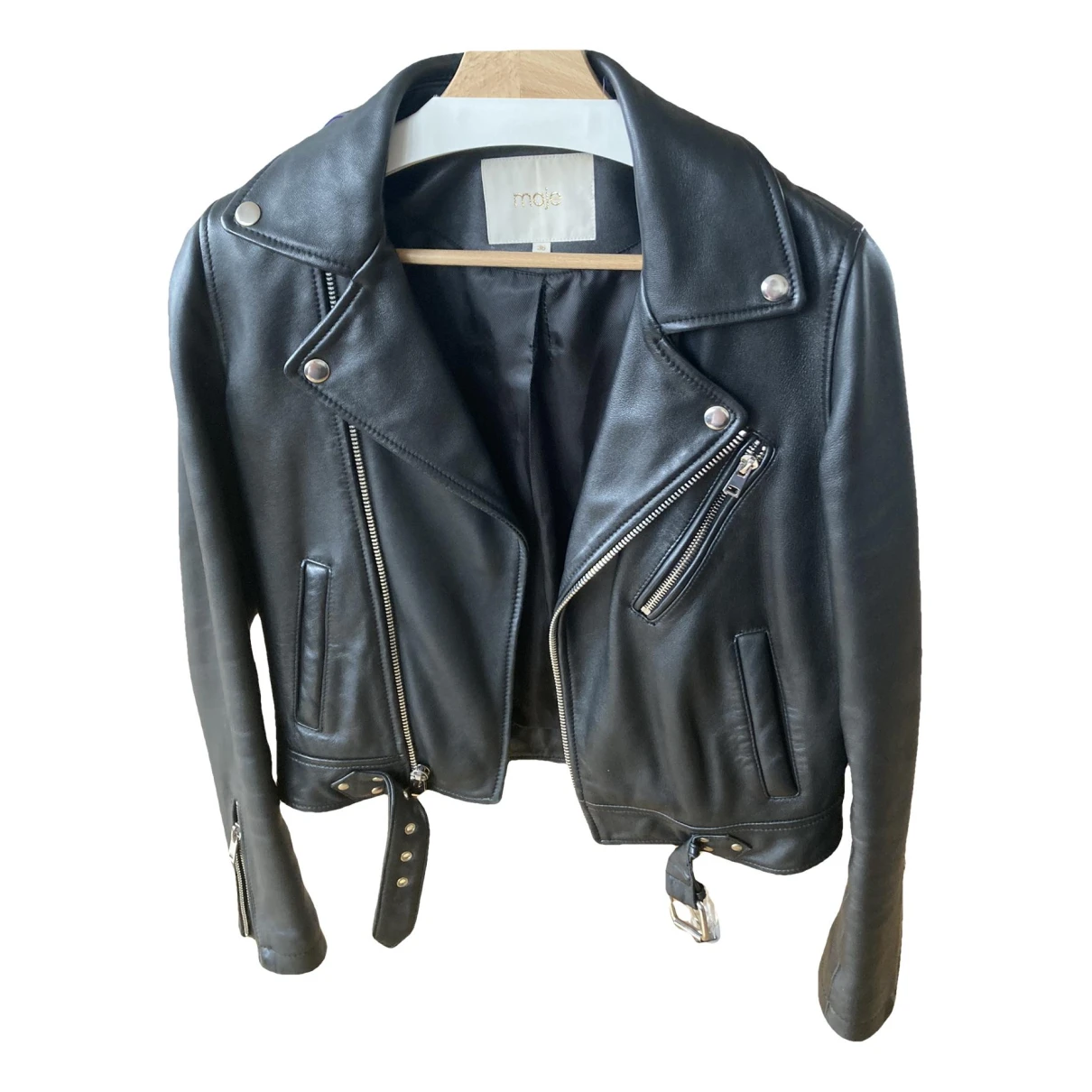 Pre-owned Maje Spring Summer 2021 Leather Biker Jacket In Black