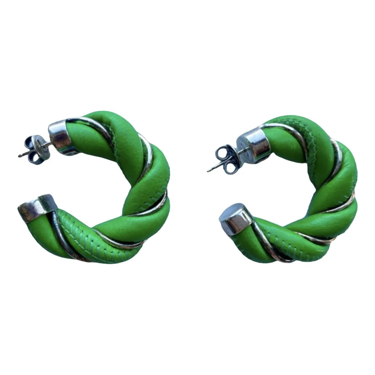 Pre-owned Bottega Veneta Spiral Leather Earrings In Green