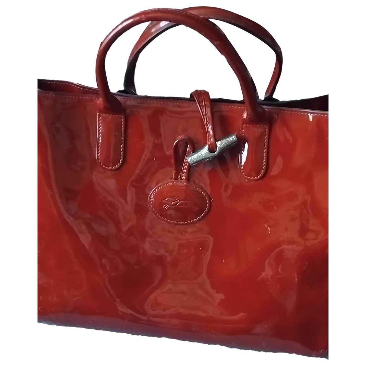 Pre-owned Longchamp Roseau Patent Leather Handbag In Burgundy