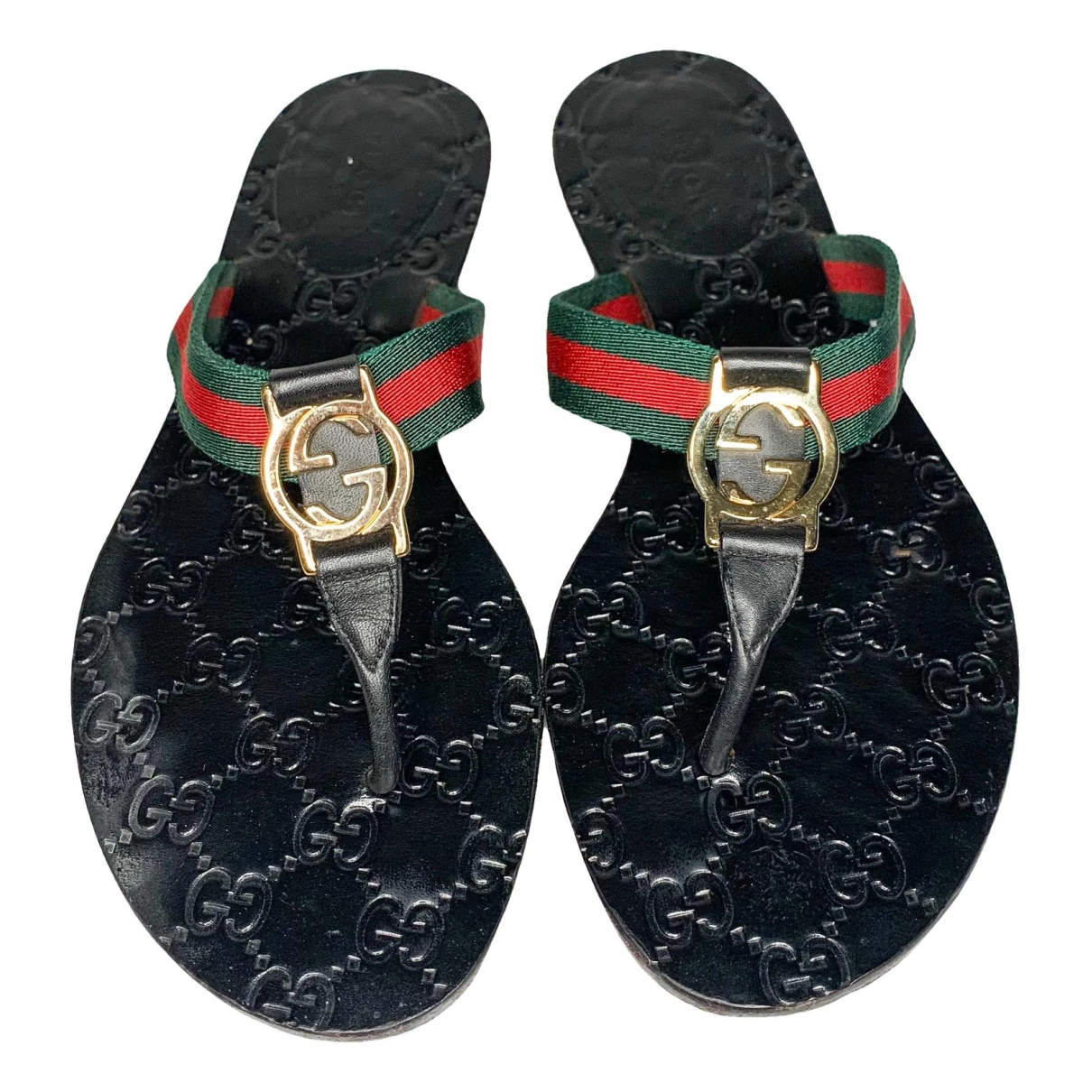 Pre-owned Gucci Double G Leather Sandal In Black