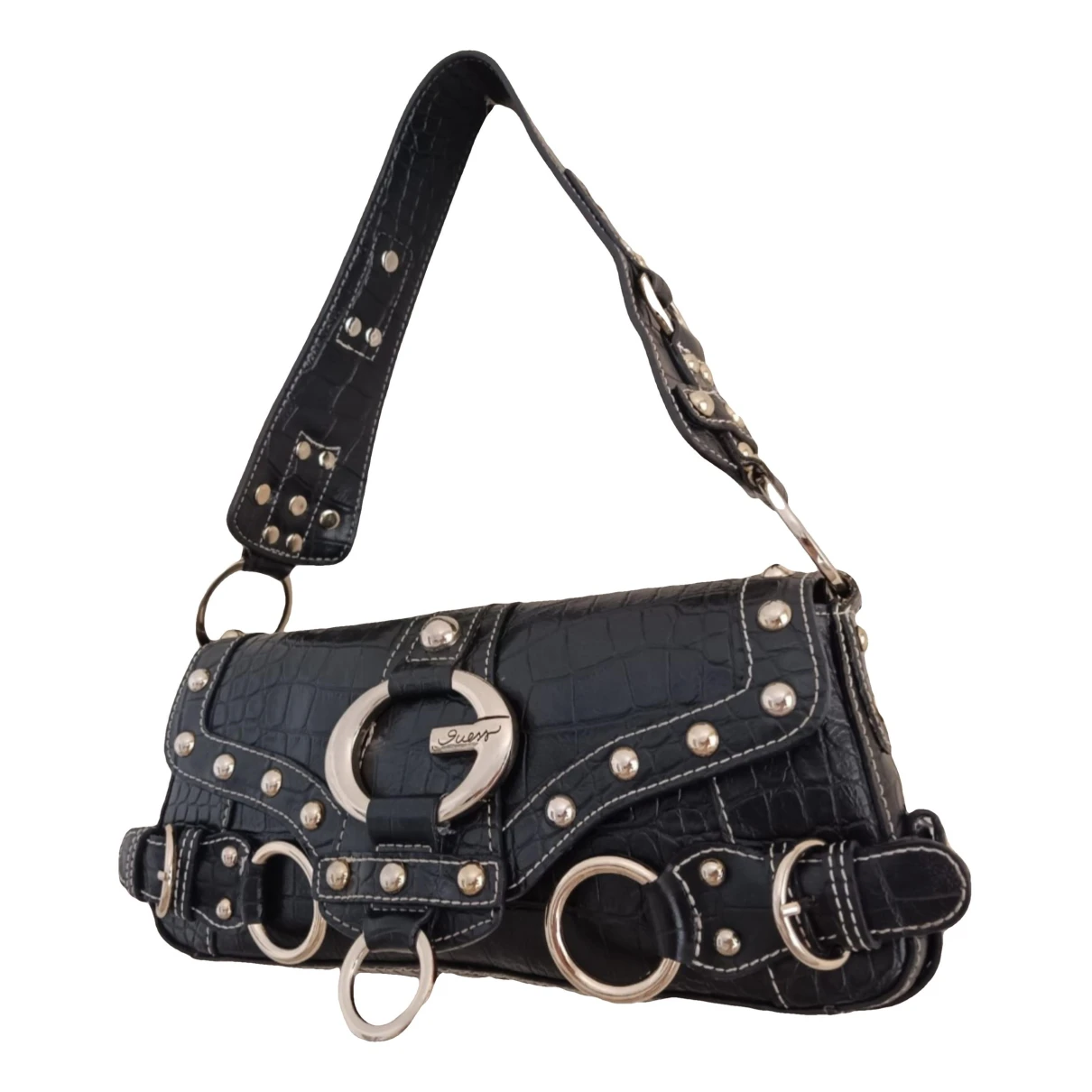 Pre-owned Guess Vegan Leather Handbag In Black