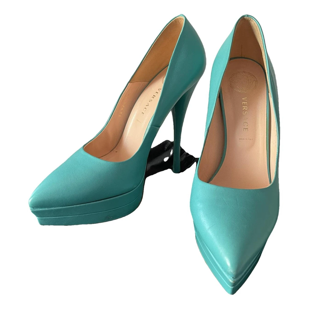 Pre-owned Versace Leather Heels In Turquoise
