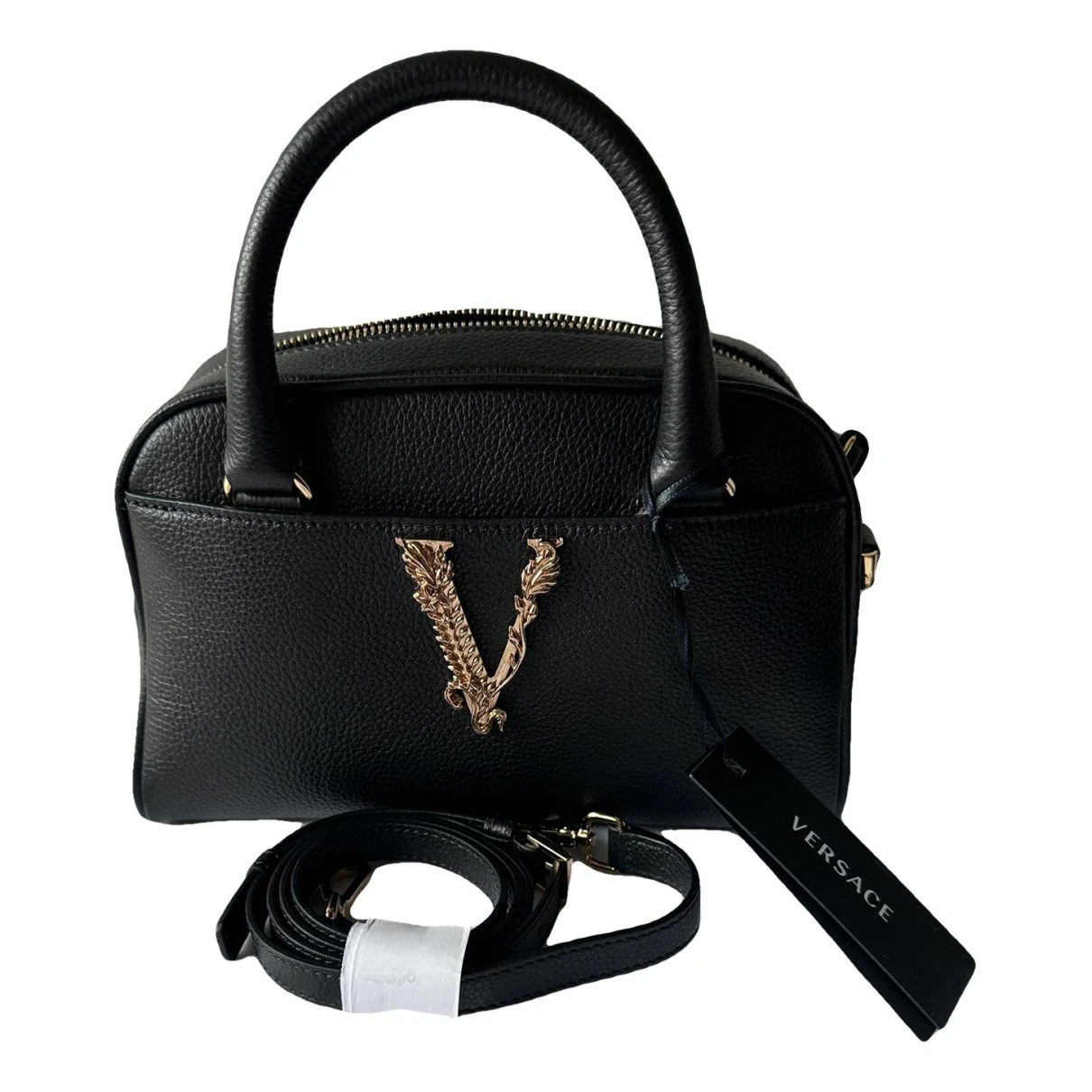 Pre-owned Versace Virtus Leather Bag In Black