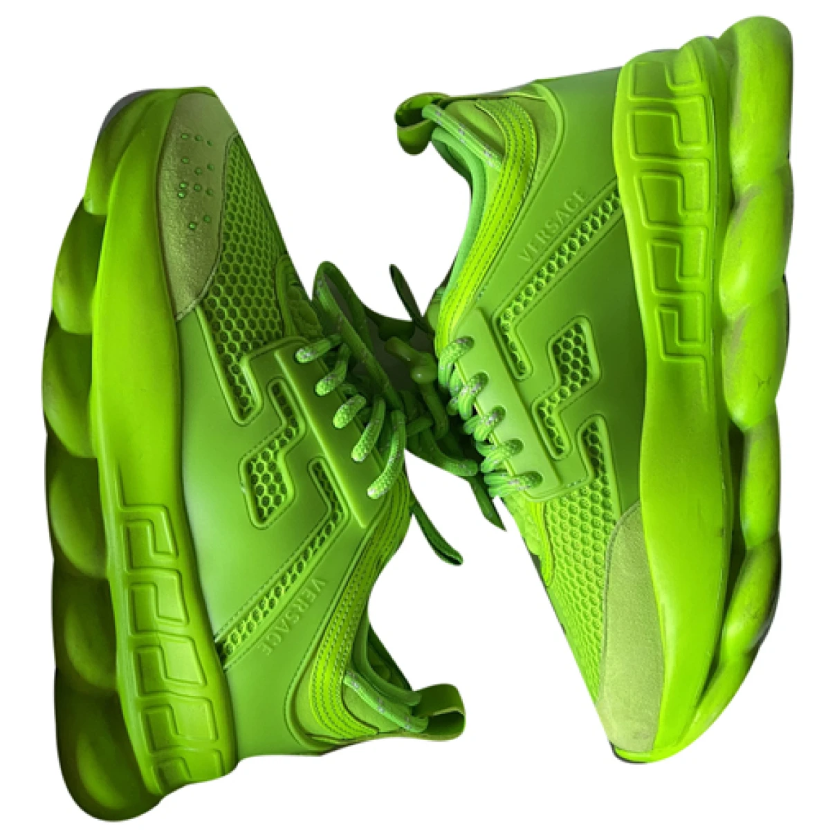 Pre-owned Versace Chain Reaction Leather Trainers In Green
