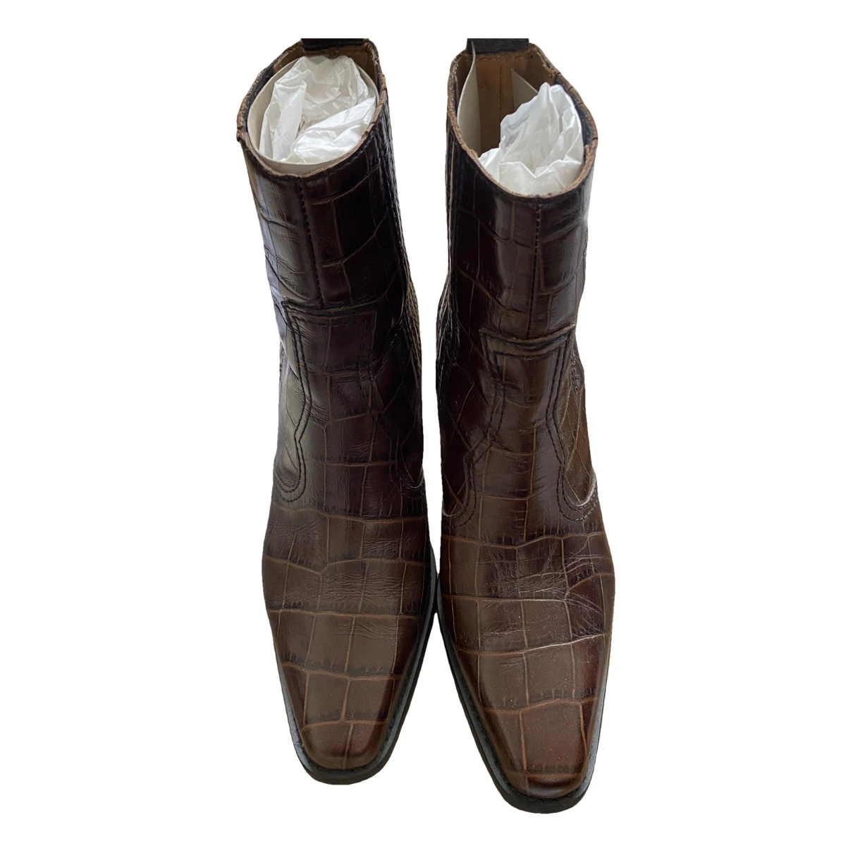 Pre-owned Ganni Leather Western Boots In Brown