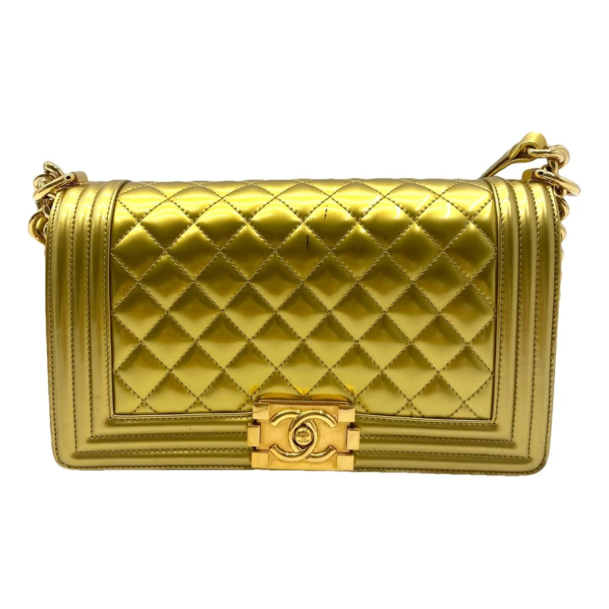 Pre-owned Chanel Boy Patent Leather Crossbody Bag In Gold