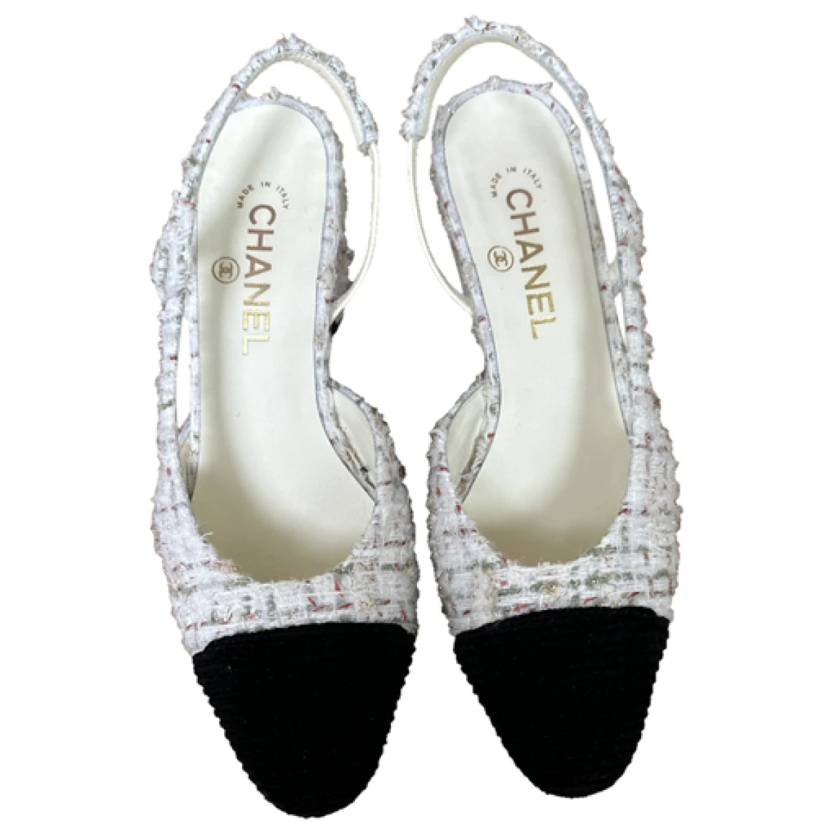 Pre-owned Chanel Slingback Tweed Sandal In White