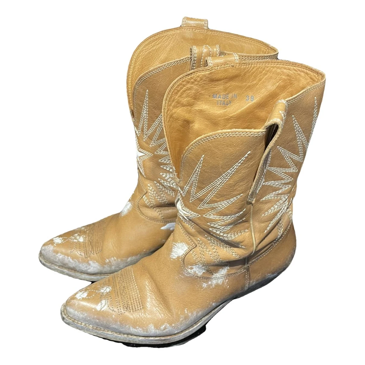 Pre-owned Golden Goose Wish Star Leather Cowboy Boots In Beige