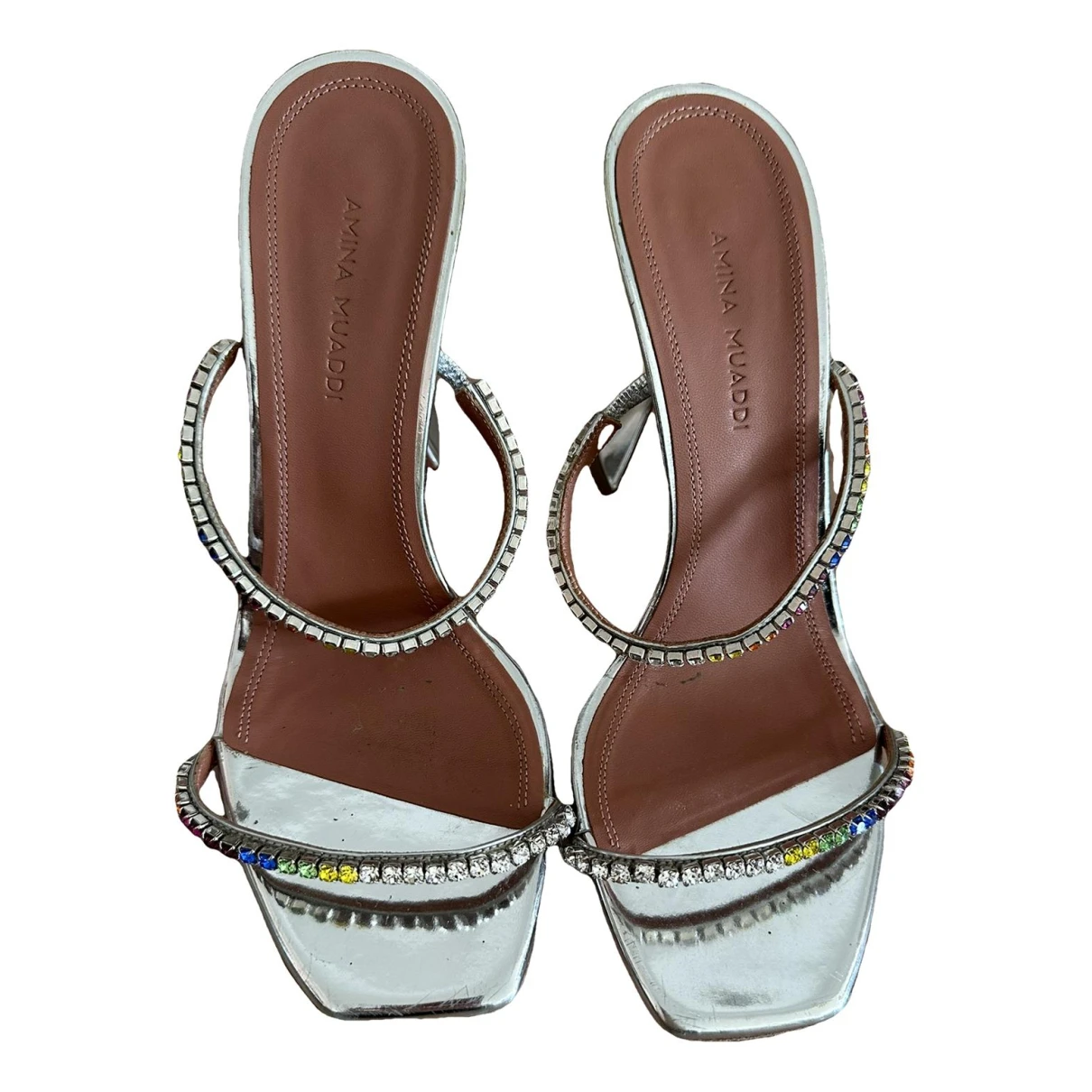 Pre-owned Amina Muaddi Gilda Leather Sandal In Silver