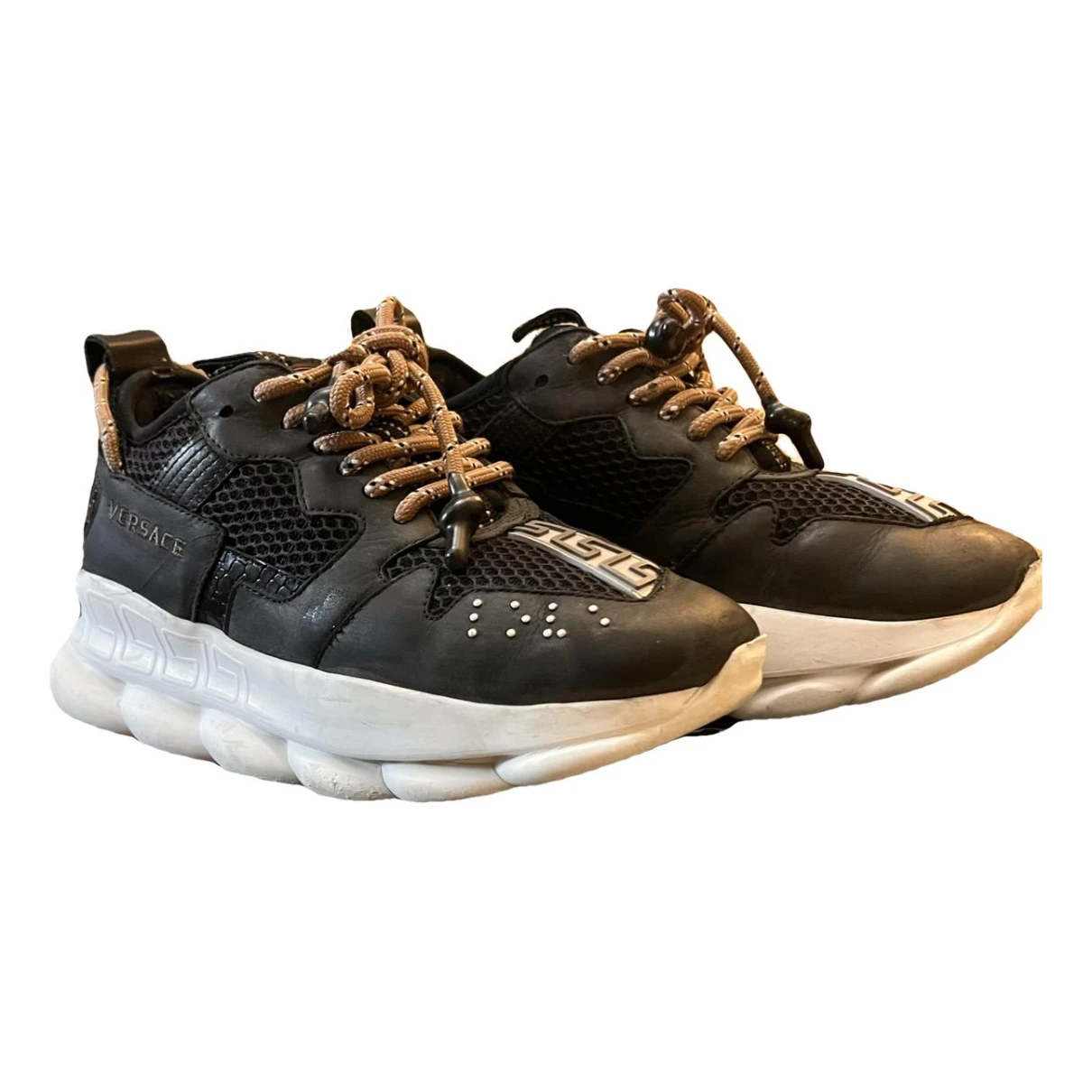 Pre-owned Versace Chain Reaction Leather Trainers In Black