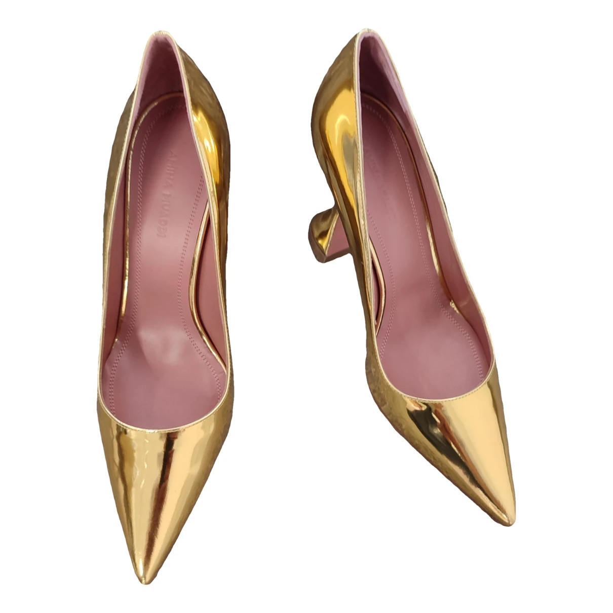 Pre-owned Amina Muaddi Ami Leather Heels In Gold