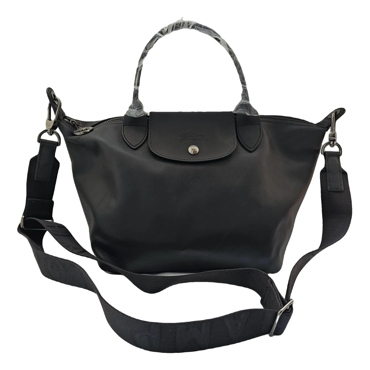 Pre-owned Longchamp Pliage Leather Crossbody Bag In Black